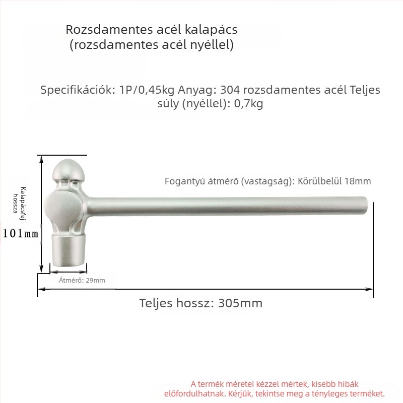 5051 Bofang 304 rozsdamentes acél Nipple Kalapács, nem mágneses, 2 lb–2,5 lb, fa nyéllel vagy gumírozott markolattal, kerek fej