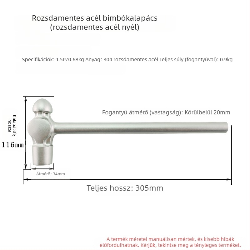 5051 Bofang 304 rozsdamentes acél Nipple Kalapács, nem mágneses, 2 lb–2,5 lb, fa nyéllel vagy gumírozott markolattal, kerek fej