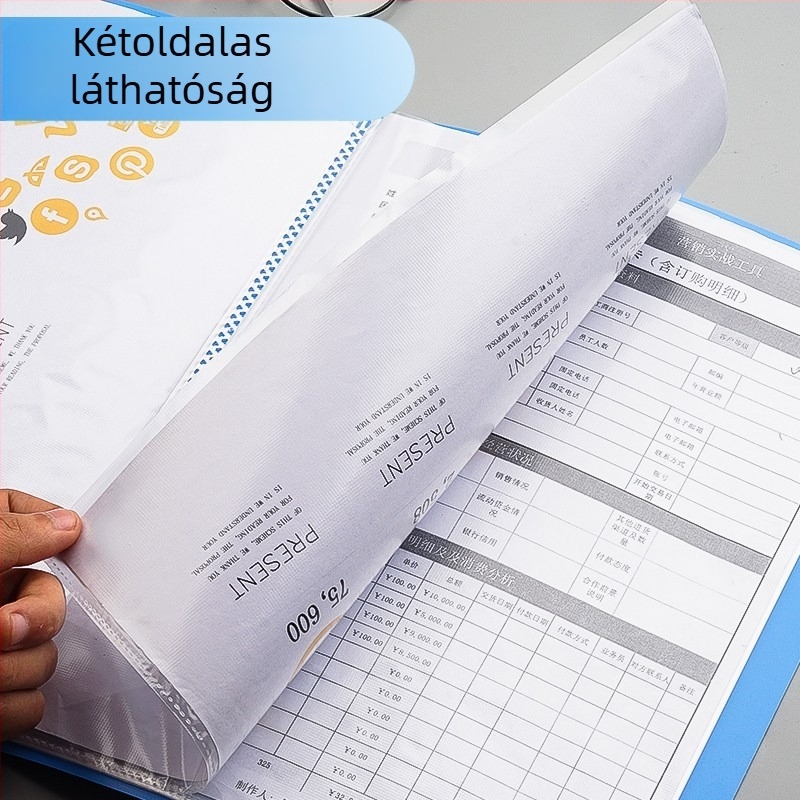 Átlátszó műanyag mappa irodai használatra, nagy kapacitású, több rétegű dokumentumok tárolására.