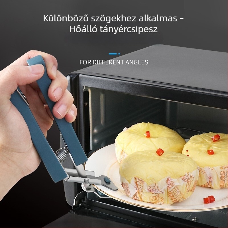 Rozsdamentes acélból készült csúszásmentes klipek és szilikon hőálló kesztyű a tálak, tepsik és gőzölő edények felemeléséhez