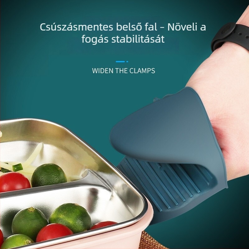 Rozsdamentes acélból készült csúszásmentes klipek és szilikon hőálló kesztyű a tálak, tepsik és gőzölő edények felemeléséhez