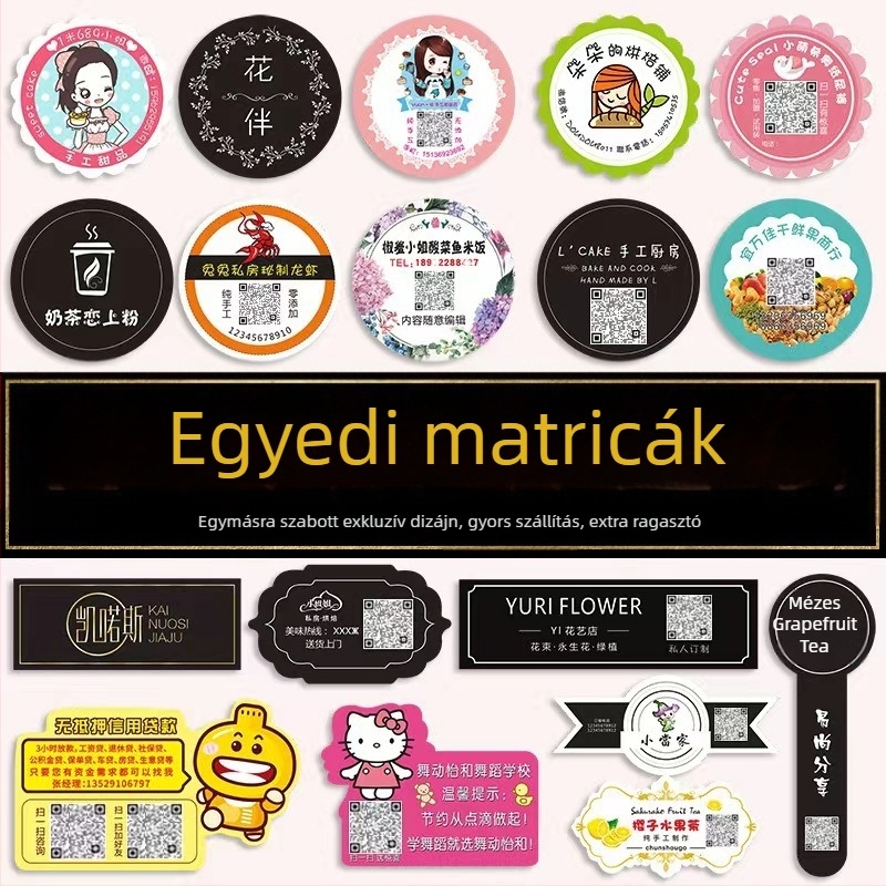 Egyedi öntapadós címkék QR kóddal – színes átlátszó PVC karikatúra matricák kávé márkához, sürgős megrendelés