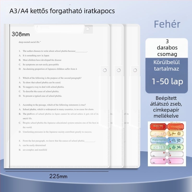 A3-as kettős forgó papírtartó klipe, A4-es dokumentumtároló mappa oldalsó zárral