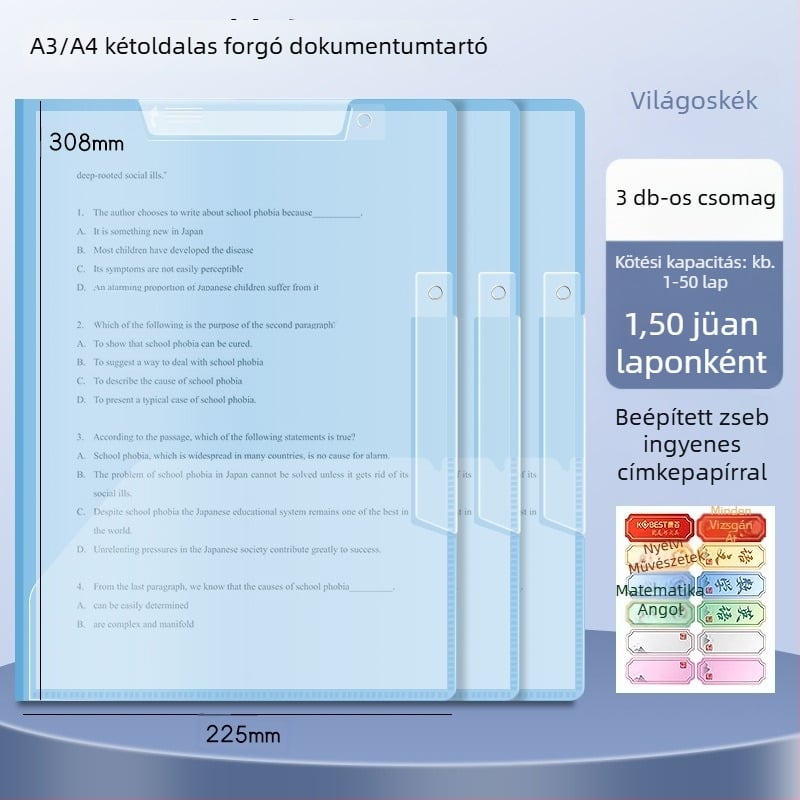 A3-as kettős forgó papírtartó klipe, A4-es dokumentumtároló mappa oldalsó zárral