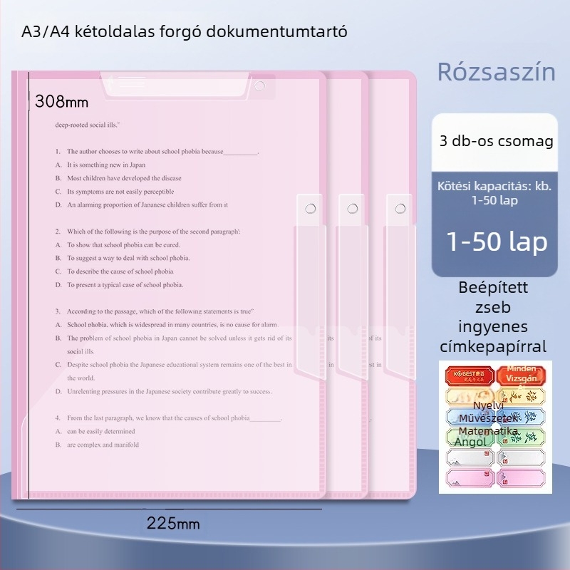 A3-as kettős forgó papírtartó klipe, A4-es dokumentumtároló mappa oldalsó zárral