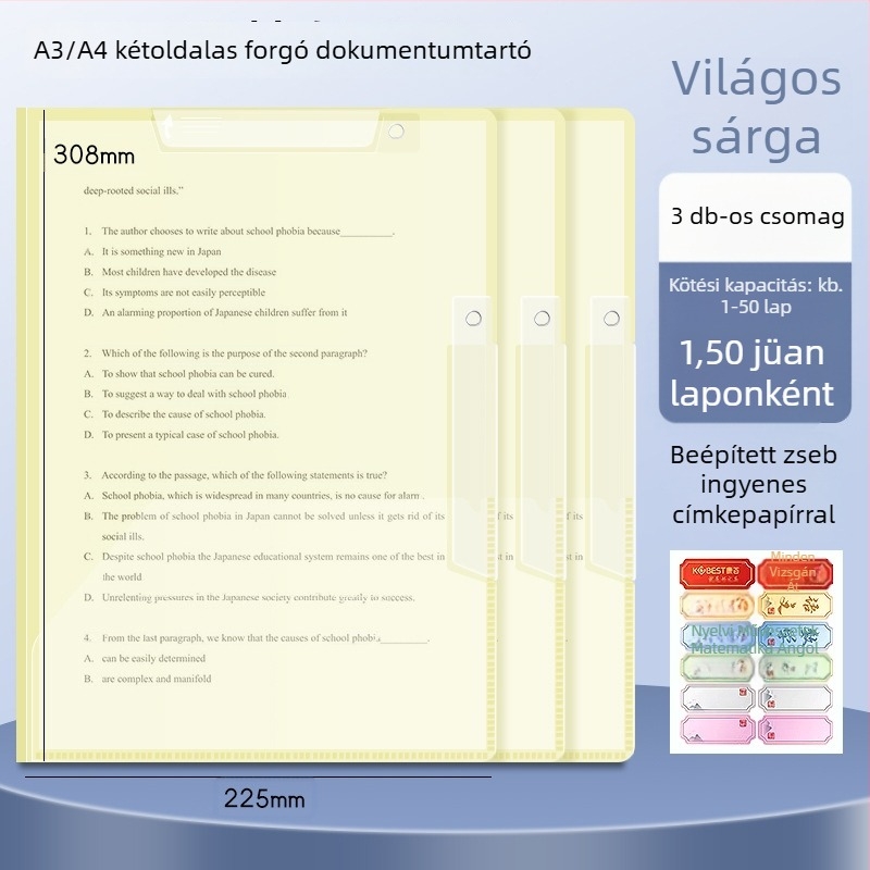 A3-as kettős forgó papírtartó klipe, A4-es dokumentumtároló mappa oldalsó zárral