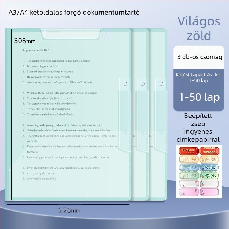 A3-as kettős forgó papírtartó klipe, A4-es dokumentumtároló mappa oldalsó zárral