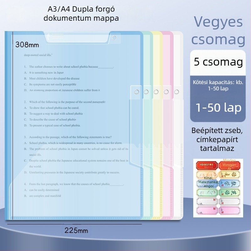 A3-as kettős forgó papírtartó klipe, A4-es dokumentumtároló mappa oldalsó zárral