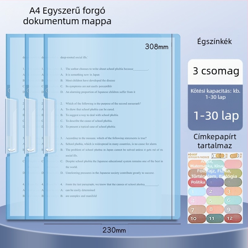 A3-as kettős forgó papírtartó klipe, A4-es dokumentumtároló mappa oldalsó zárral