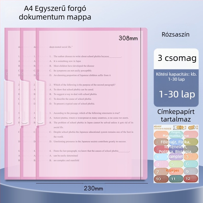 A3-as kettős forgó papírtartó klipe, A4-es dokumentumtároló mappa oldalsó zárral