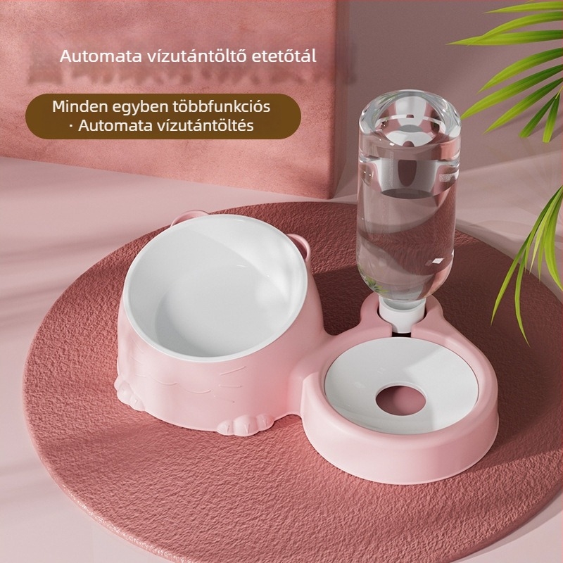 Macska automata víz- és etetőtál, többfunkciós, anti-kiöntés és nyakvédő támogatás