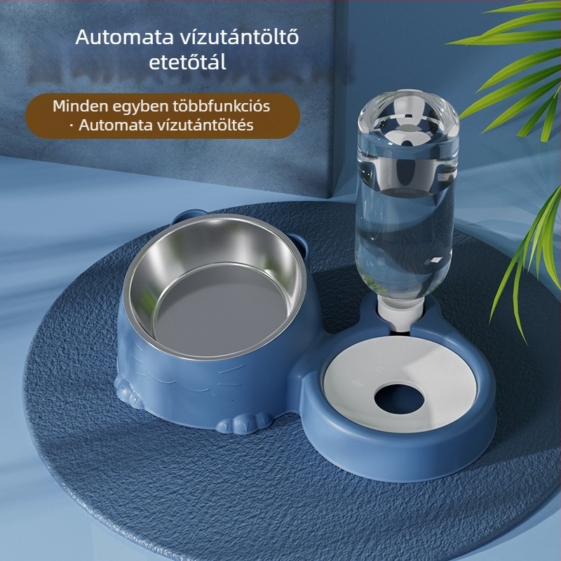 Macska automata víz- és etetőtál, többfunkciós, anti-kiöntés és nyakvédő támogatás