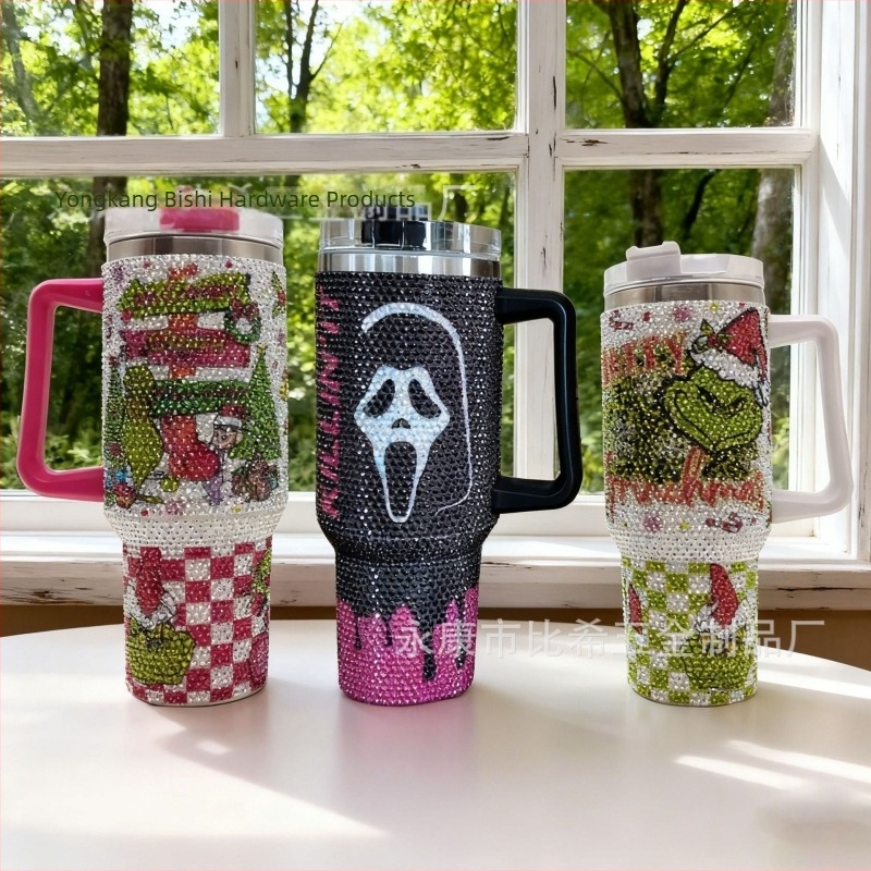 Gyémántokkal díszített rozsdamentes acél autóitalos termosz, 40 oz, duplafalú, szívószállal, hordozható, nagy kapacitás