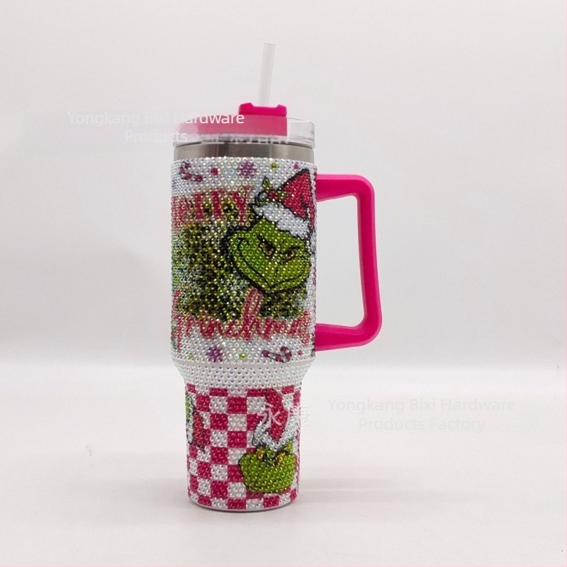 Gyémántokkal díszített rozsdamentes acél autóitalos termosz, 40 oz, duplafalú, szívószállal, hordozható, nagy kapacitás