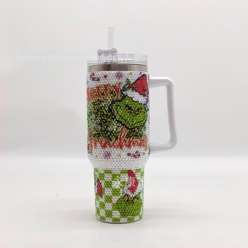 Gyémántokkal díszített rozsdamentes acél autóitalos termosz, 40 oz, duplafalú, szívószállal, hordozható, nagy kapacitás