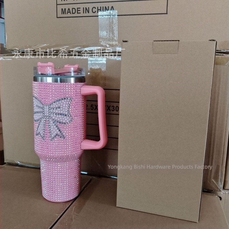 Gyémántokkal díszített rozsdamentes acél autóitalos termosz, 40 oz, duplafalú, szívószállal, hordozható, nagy kapacitás