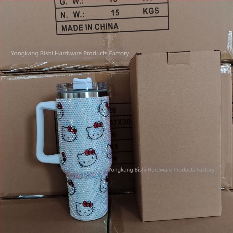 Gyémántokkal díszített rozsdamentes acél autóitalos termosz, 40 oz, duplafalú, szívószállal, hordozható, nagy kapacitás