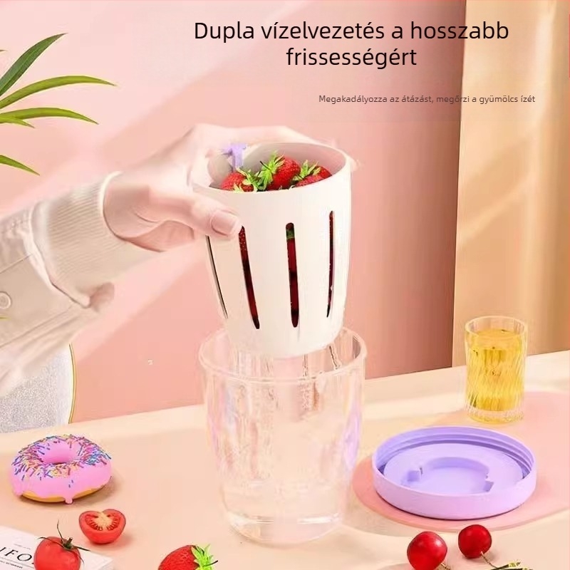 Kétszintes hordozható gyümölcs- és salátás pohár villával, leeresztő funkcióval, piknik tartály