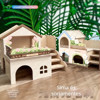 Fából készült hörcsög villa rejtekhellyel, platformával és mászó létrával – interaktív beltéri játék