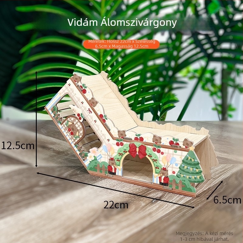 Fából készült hörcsög villa rejtekhellyel, platformával és mászó létrával – interaktív beltéri játék