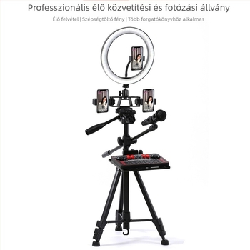 Karaoke mikrofonhoz háromlábú padlóra álló állvány, rögzítő csipesz a keresztezett rúdhoz, speciális mikrofon-tartó és telefon-tartó élő közvetítéshez és fotózáshoz