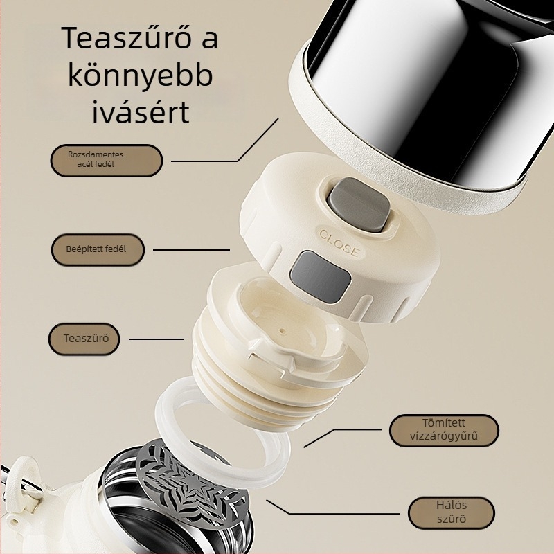 Nagy kapacitású rozsdamentes acél termosz – szigetelt, szűrővel és tea szeparátorral – szabadtéri kirándulásokhoz