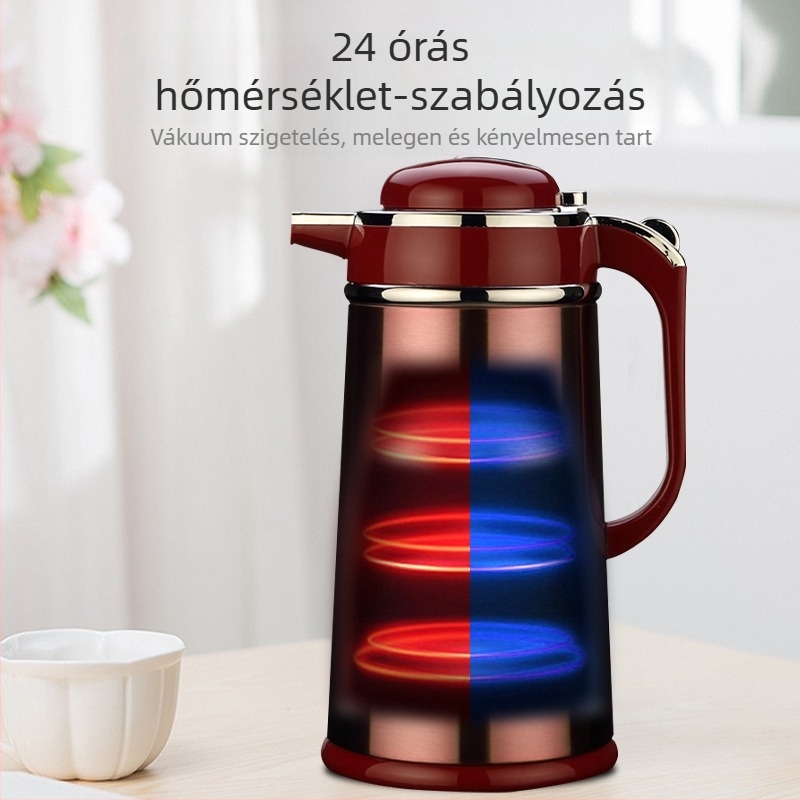 Rozsdamentes acél termosz üveg belsővel, nagy kapacitású, nyomásos fedéllel, irodai kávés termosz