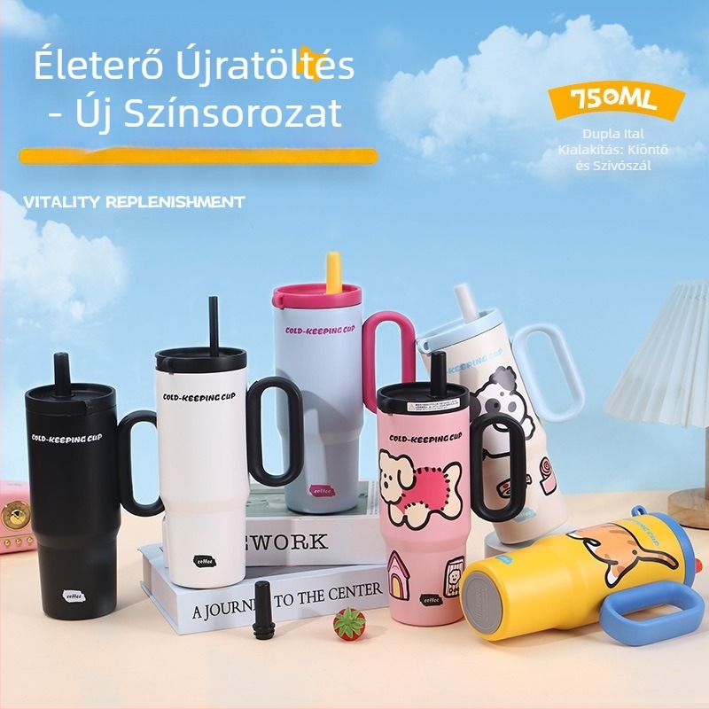 Nagy kapacitású, szigetelt pohár teával elválasztóval és szívószállal, hordozható autó pohár fogantyúval