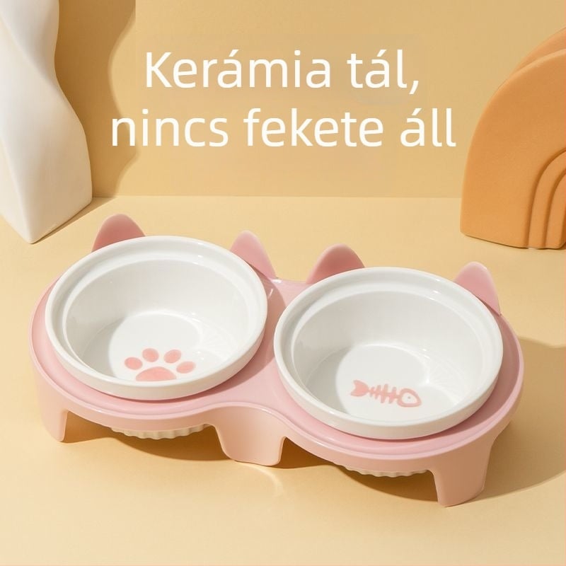 Két részes kerámia macskatál – víz és étel számára, anti-tipp kialakítás, ferde szájnyílás és beépített nyak-támasz.