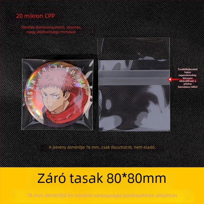58 mm-es jelvény átlátszó védőtasak, CPP-es zárható zacskó, négyszögletes forma, 75 mm vastagság