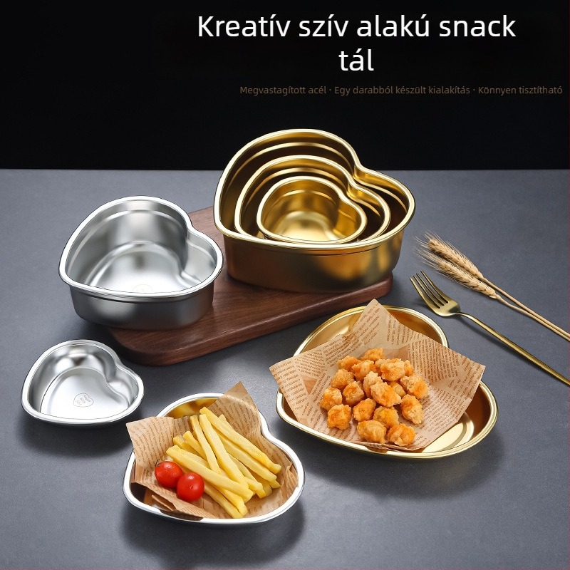 304 rozsdamentes acél Koreai-stílusú szív alakú snack tál, desszert tál, zöldség tál, sült krumpli tál, hideg ételekhez és gyümölcssaláta tál