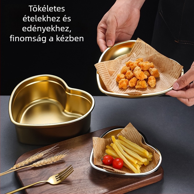 304 rozsdamentes acél Koreai-stílusú szív alakú snack tál, desszert tál, zöldség tál, sült krumpli tál, hideg ételekhez és gyümölcssaláta tál