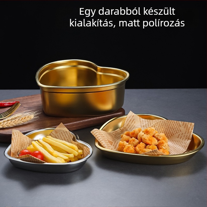 304 rozsdamentes acél Koreai-stílusú szív alakú snack tál, desszert tál, zöldség tál, sült krumpli tál, hideg ételekhez és gyümölcssaláta tál