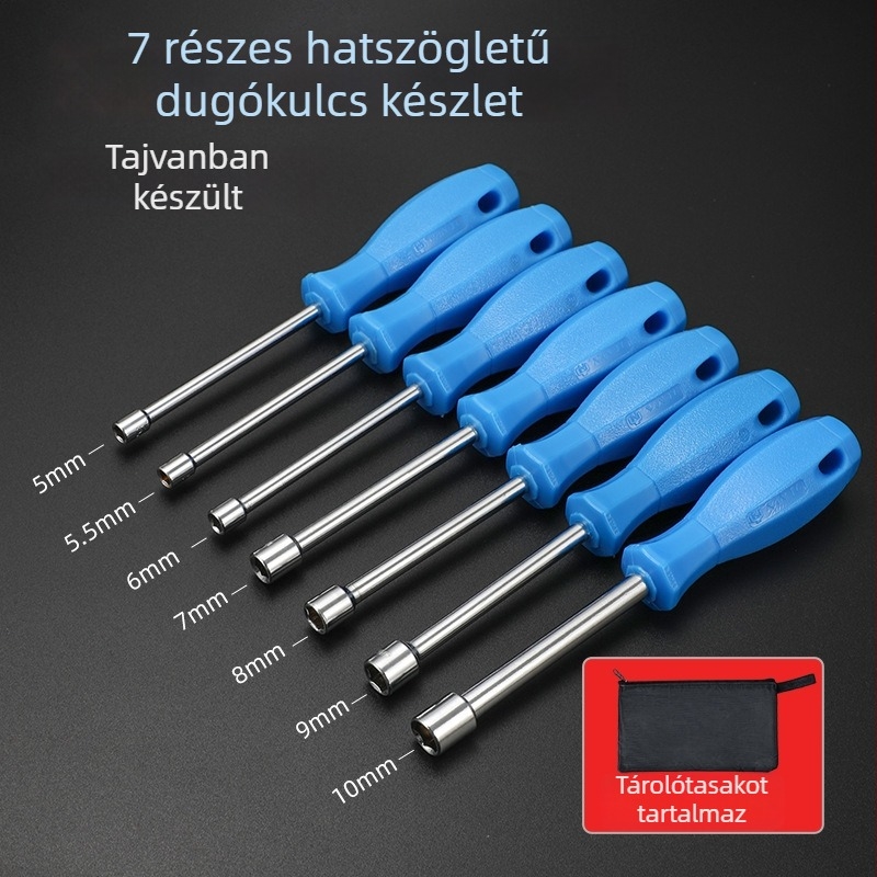 Kovácsolt torzós csavarhúzó készlet hex bitekkel, méretek 5/5,5/6/7/8/10 mm