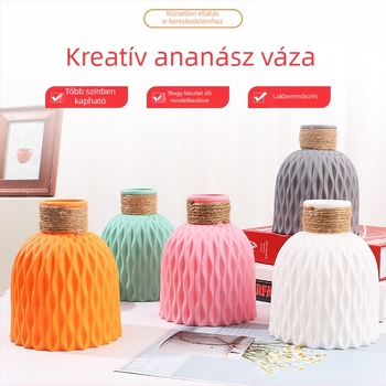 Kreatív ananász alakú váza vízhullám-effekttel, művirágok, kerámiát imitáló asztali váza, műanyag váza