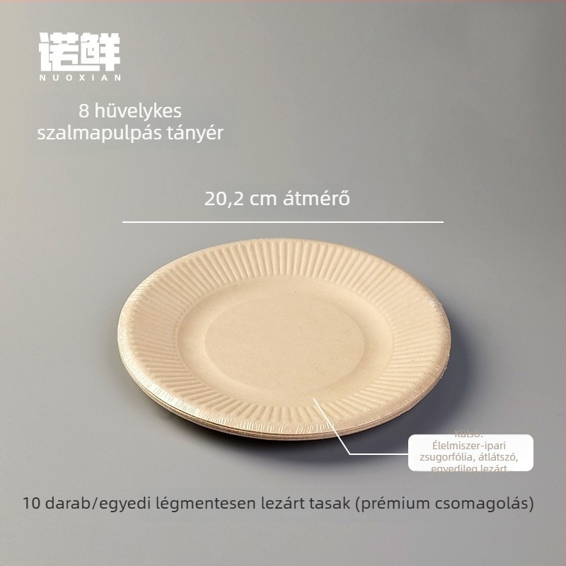 Egyszer használatos kör alakú papírtányérok, egyenként csomagolva, környezetbarát és biológiailag lebomló, piknikre és gyümölcsök mellé