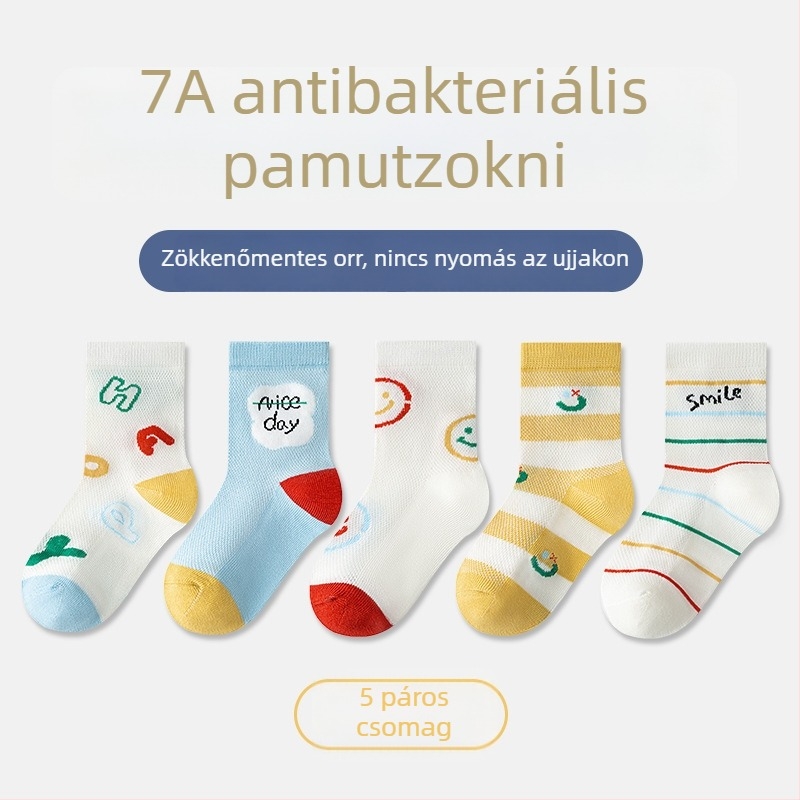Gyerekeknek tavaszi pamut zokni – vékony, hálós mintázatú, középmagas hosszúságú, uniszex, 5 páros csomag