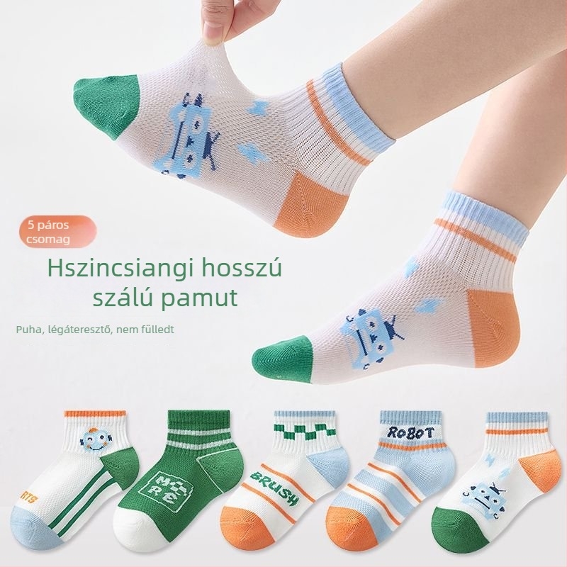 Gyerekeknek tavaszi pamut zokni – vékony, hálós mintázatú, középmagas hosszúságú, uniszex, 5 páros csomag