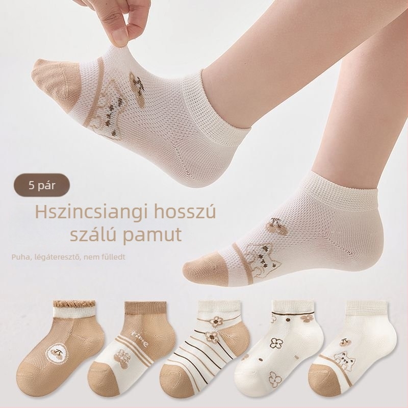 Gyerekeknek tavaszi pamut zokni – vékony, hálós mintázatú, középmagas hosszúságú, uniszex, 5 páros csomag