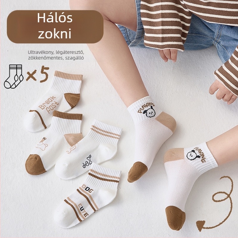 Gyerekeknek tavaszi pamut zokni – vékony, hálós mintázatú, középmagas hosszúságú, uniszex, 5 páros csomag