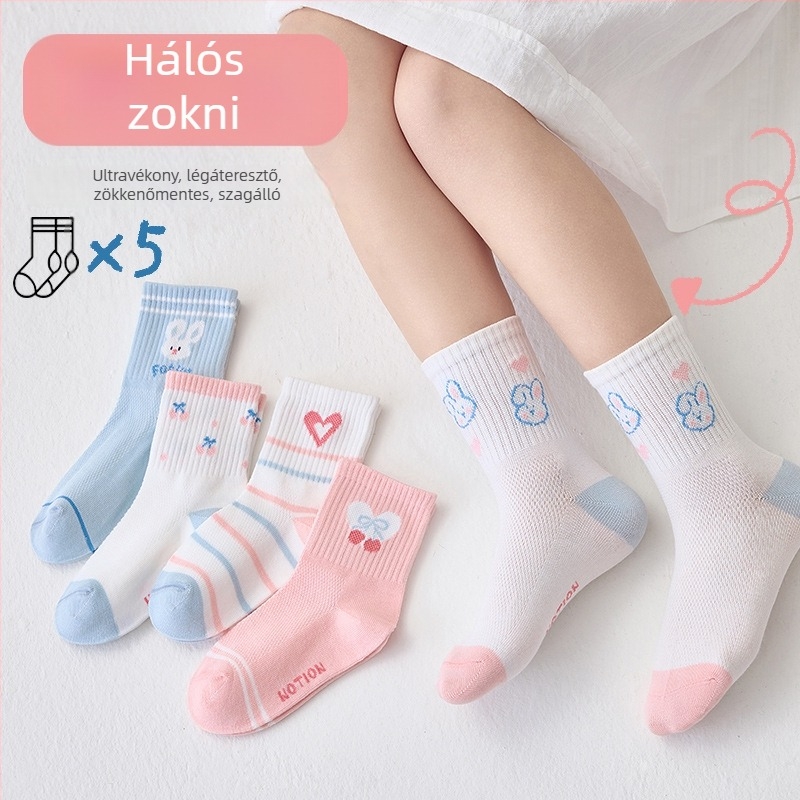 Gyerekeknek tavaszi pamut zokni – vékony, hálós mintázatú, középmagas hosszúságú, uniszex, 5 páros csomag