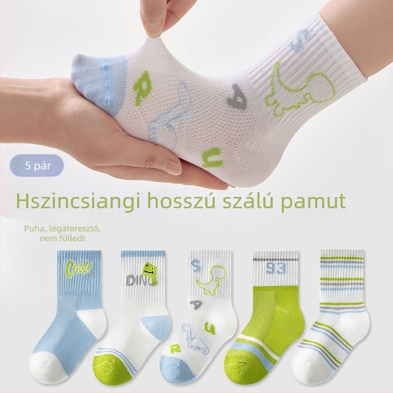 Gyerekeknek tavaszi pamut zokni – vékony, hálós mintázatú, középmagas hosszúságú, uniszex, 5 páros csomag