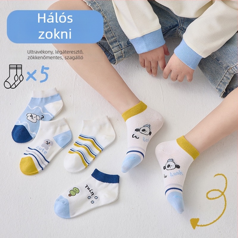 Gyerekeknek tavaszi pamut zokni – vékony, hálós mintázatú, középmagas hosszúságú, uniszex, 5 páros csomag