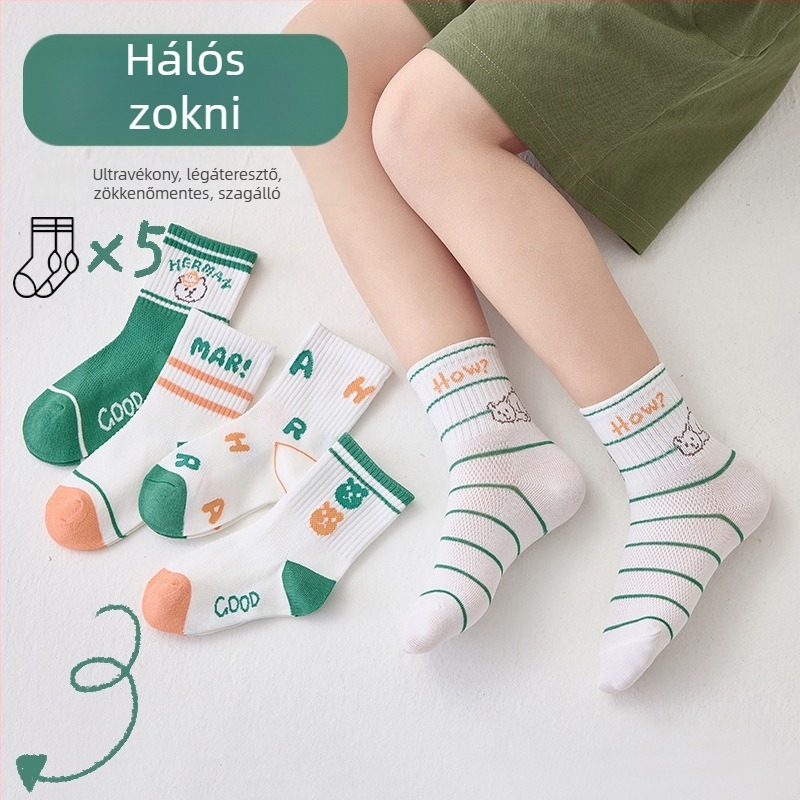 Gyerekeknek tavaszi pamut zokni – vékony, hálós mintázatú, középmagas hosszúságú, uniszex, 5 páros csomag