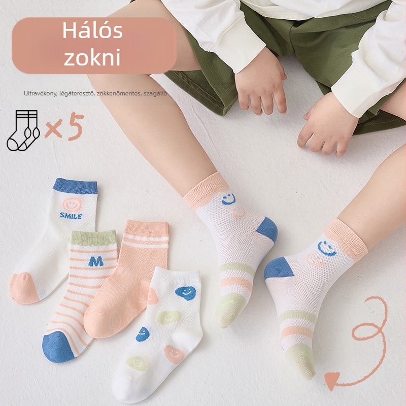 Gyerekeknek tavaszi pamut zokni – vékony, hálós mintázatú, középmagas hosszúságú, uniszex, 5 páros csomag