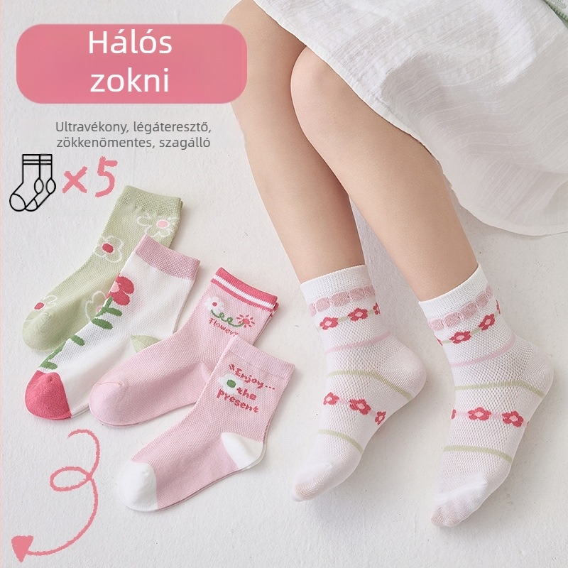 Gyerekeknek tavaszi pamut zokni – vékony, hálós mintázatú, középmagas hosszúságú, uniszex, 5 páros csomag