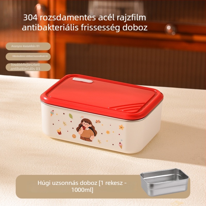 304 rozsdamentes acélból készült téglalap alakú melegen tartó ebédes doboz mikrózható, krémes cseresznyeszínű, irodai használatra