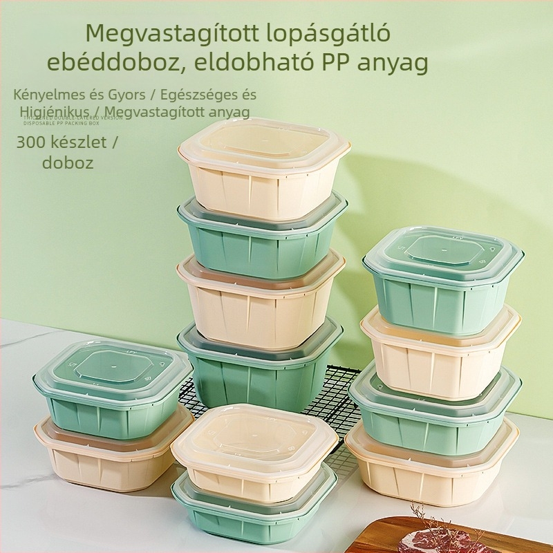 Egyszer használatos ebédes doboz, megvastított, szivárgásmentes, négyzet alakú zárható ételtartó, zöld