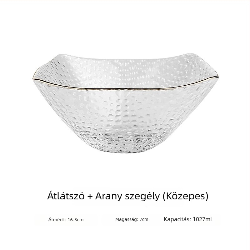 Üveg salátás tál arany kerettel, négyszögletes kalap alakú forma, japán stílusú, zöldségek és gyümölcsök számára