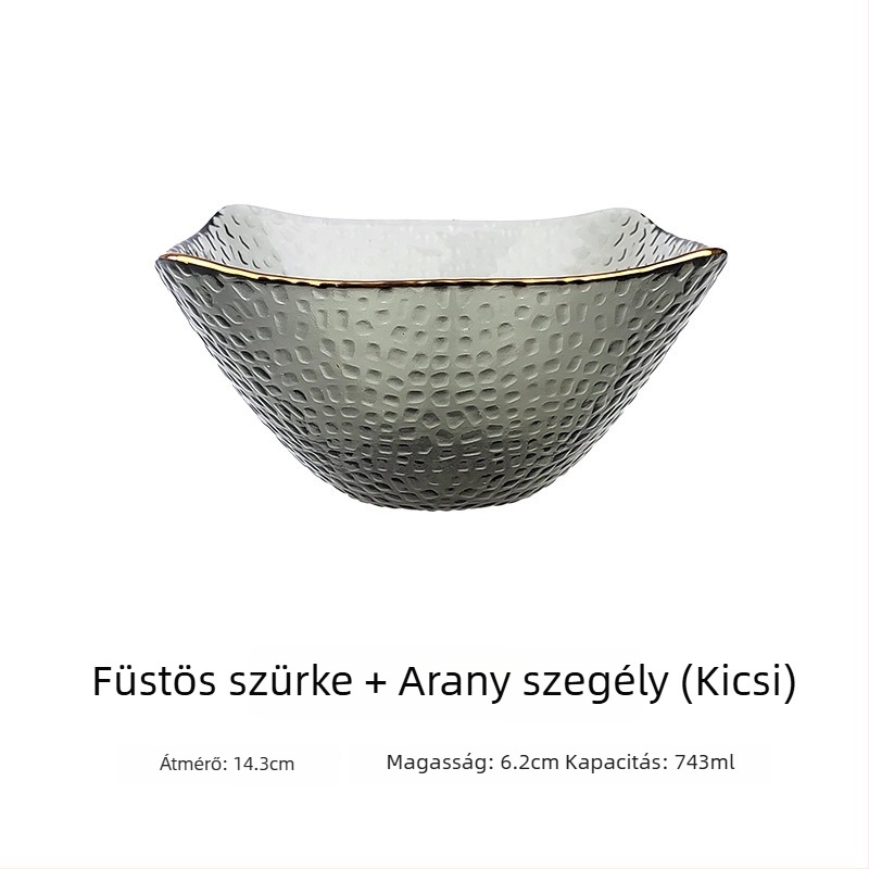 Üveg salátás tál arany kerettel, négyszögletes kalap alakú forma, japán stílusú, zöldségek és gyümölcsök számára